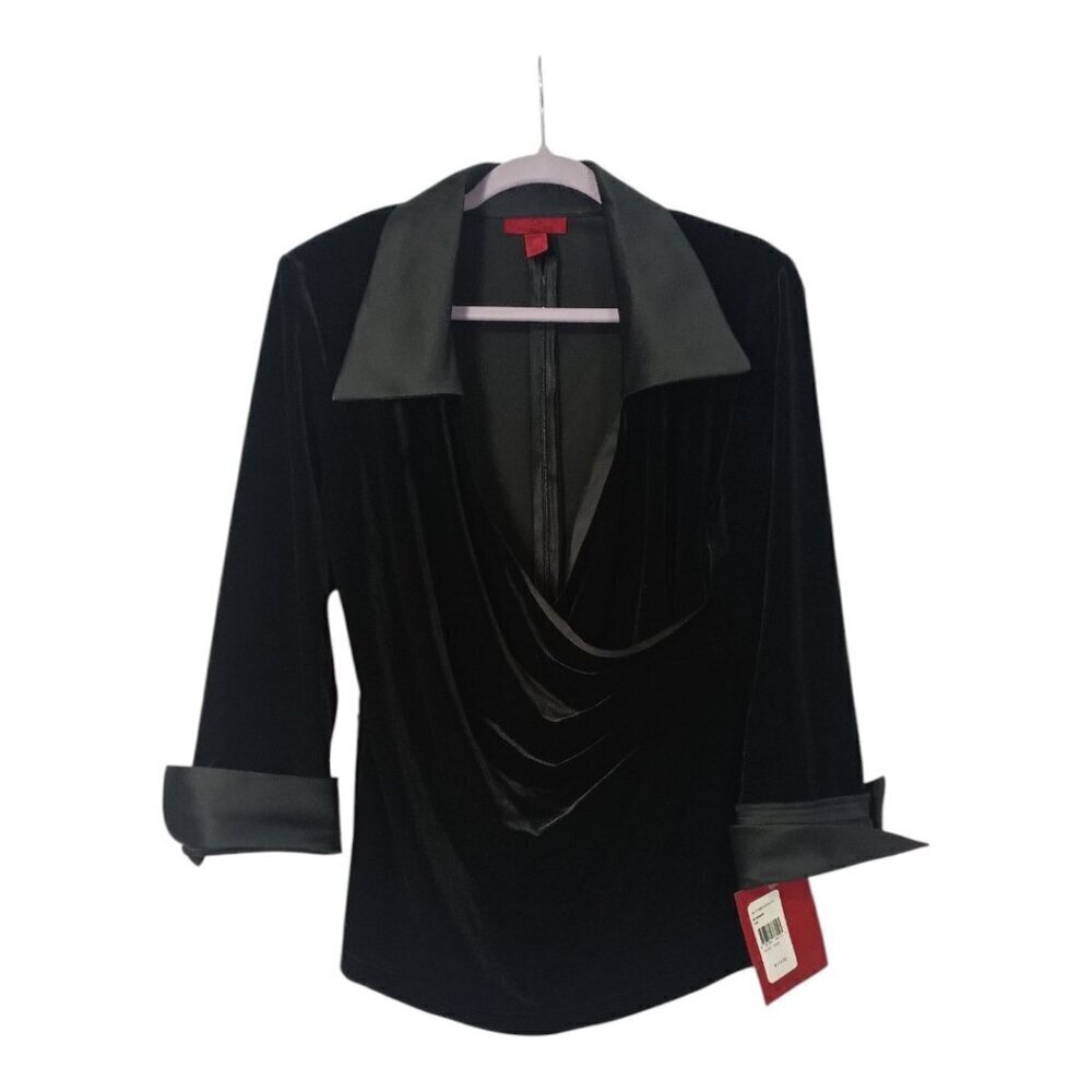 JS Collections Womens Black Blouse Chic Satin Cuffs And Collar Zip Back Size 16W